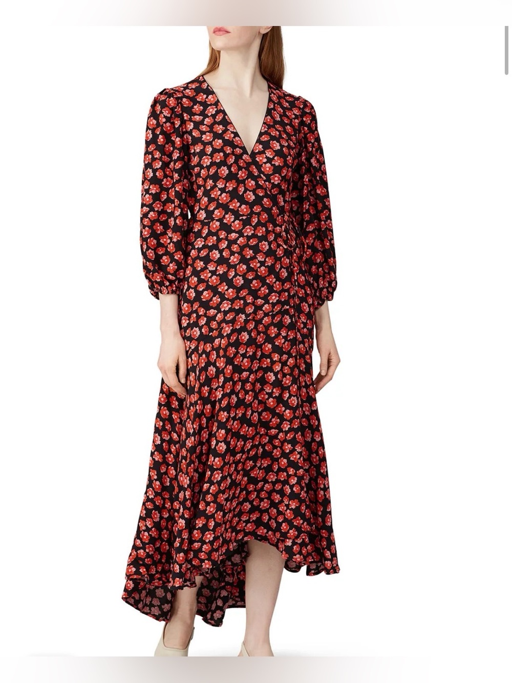 Anthropologie Gianni Lindale Red Flower Floral Print Crepe Wrap Dress size36 us4